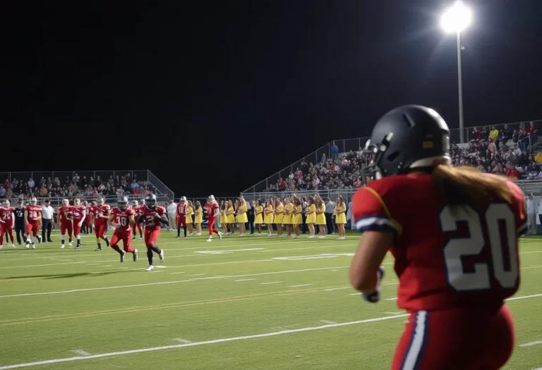 High school football game in New York with players and cheerleaders