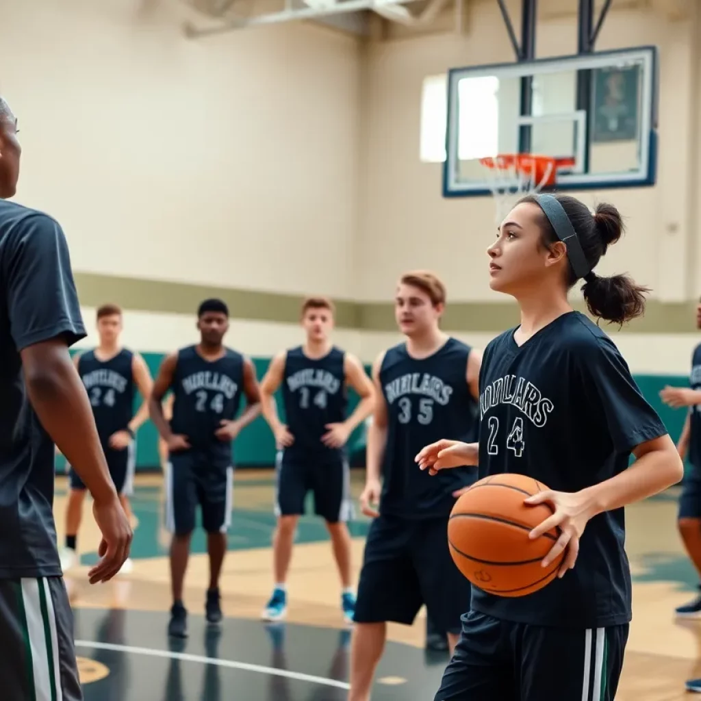 High school basketball players practicing at Newport High School
