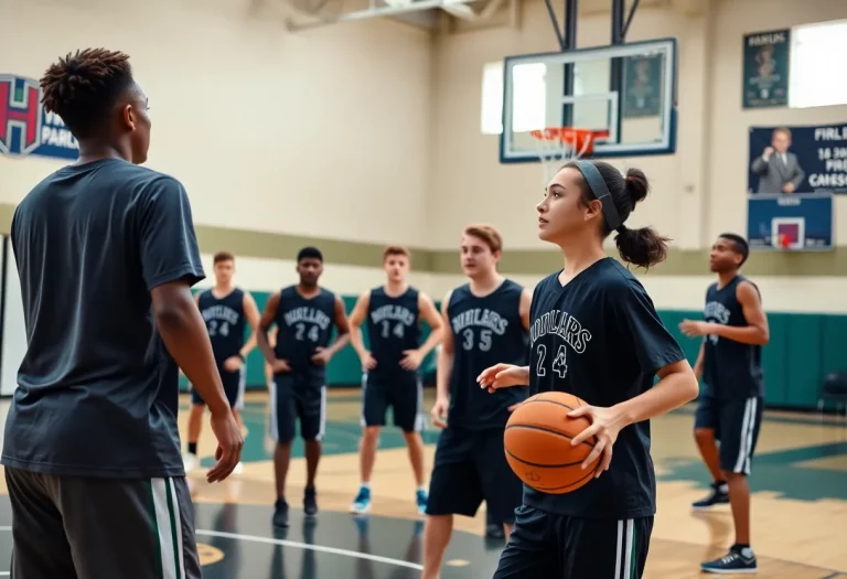 High school basketball players practicing at Newport High School
