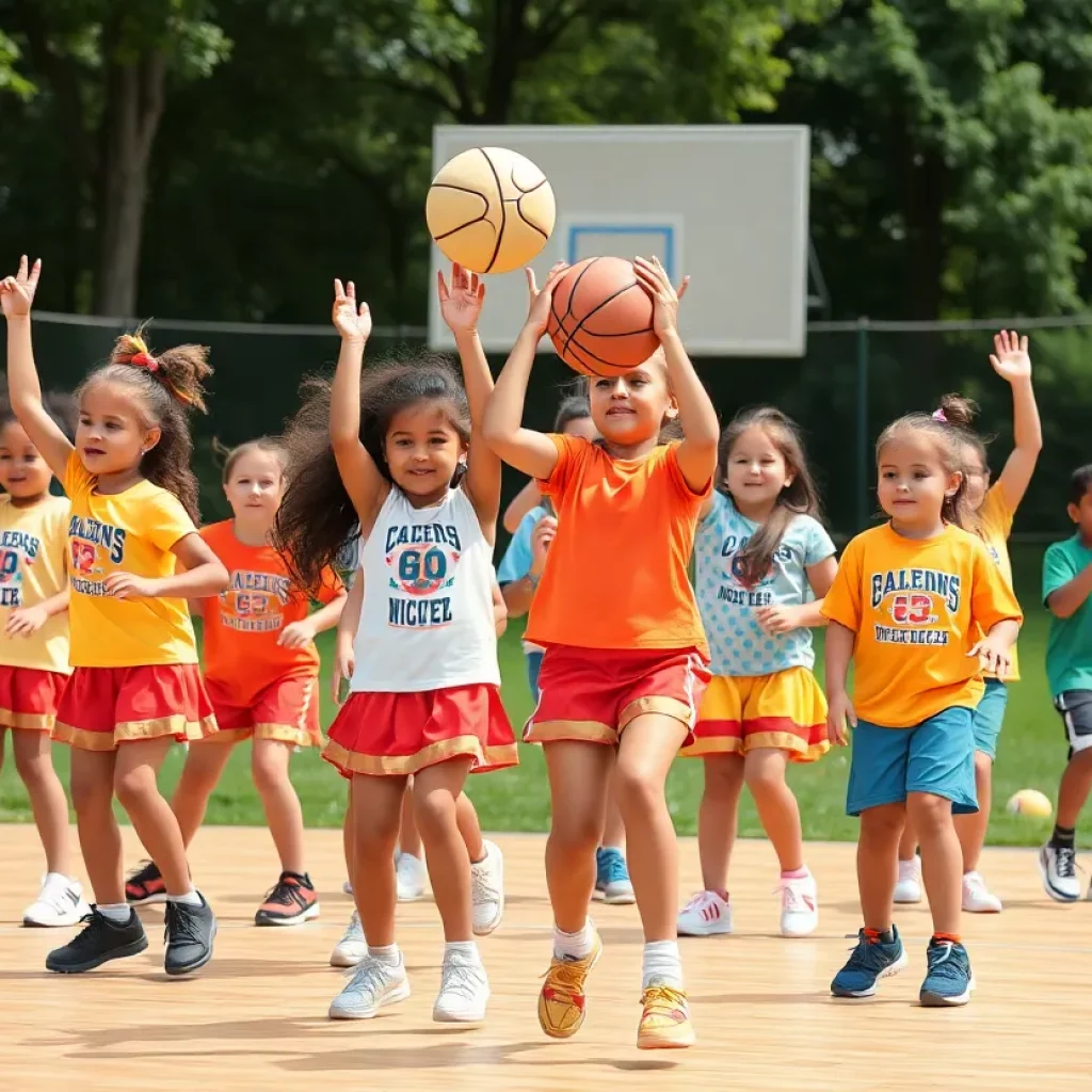 Children participating in cheerleading and basketball camps