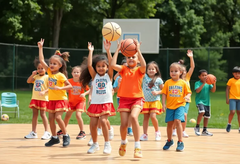 Children participating in cheerleading and basketball camps
