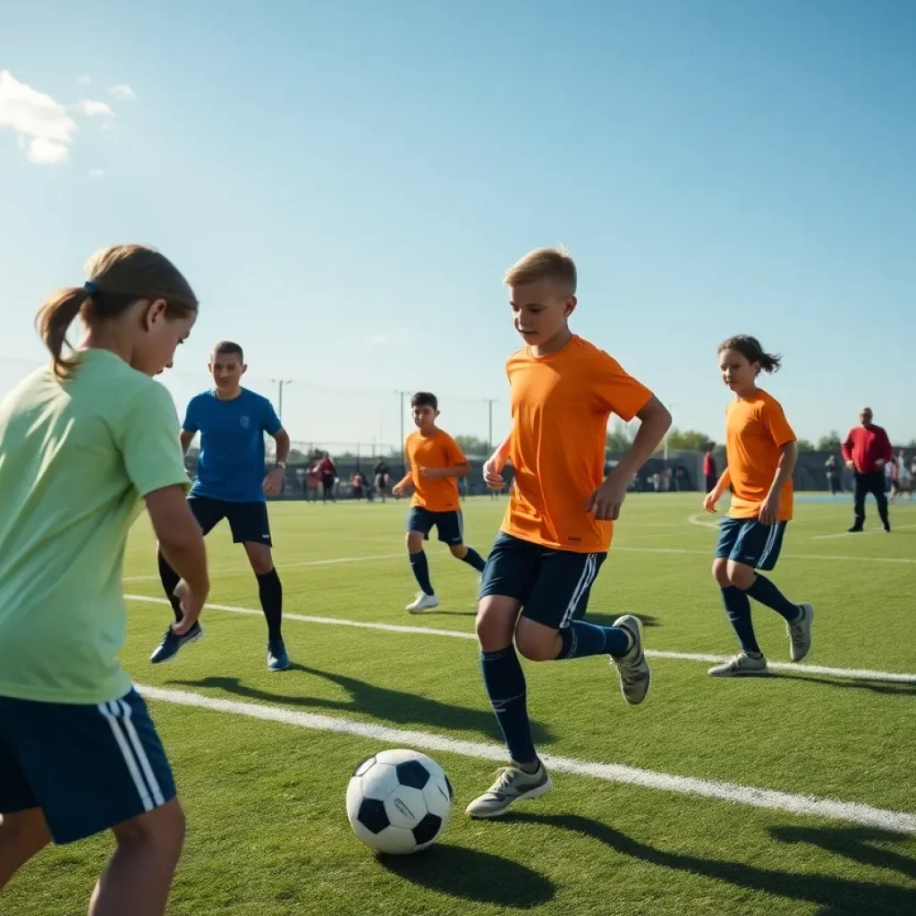 North Oldham Boys Soccer team practicing on the field