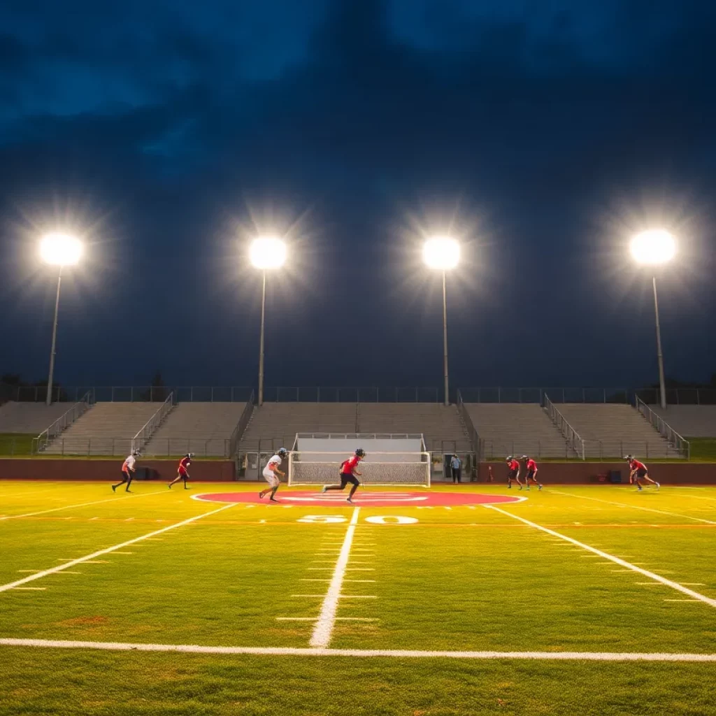 High school football game under stadium lights