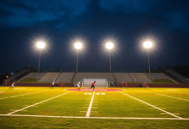 High school football game under stadium lights
