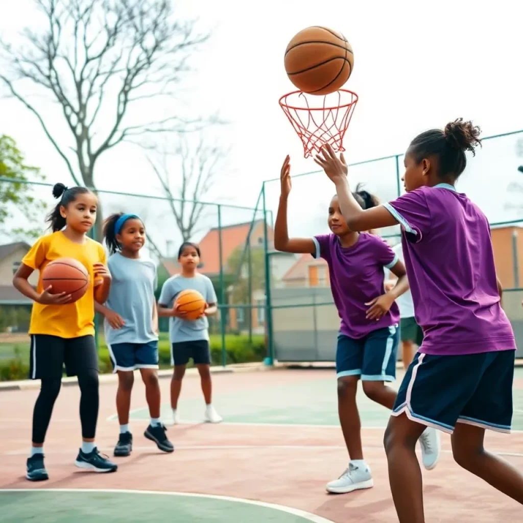 Girls basketball team practicing on a court