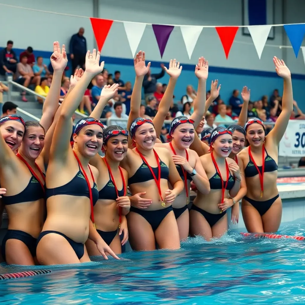 Members of the Oakwood swim team celebrating their achievements at a swim meet.