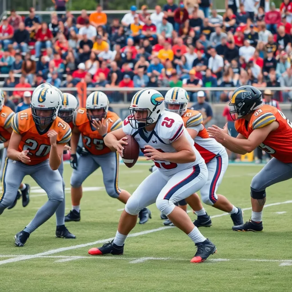 Offensive linemen protecting a quarterback during a high school football game