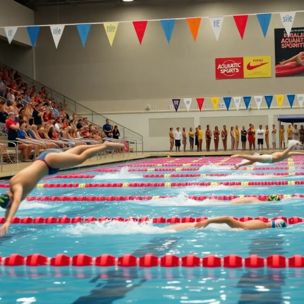 Swimmers diving into a pool during a high school swimming competition.