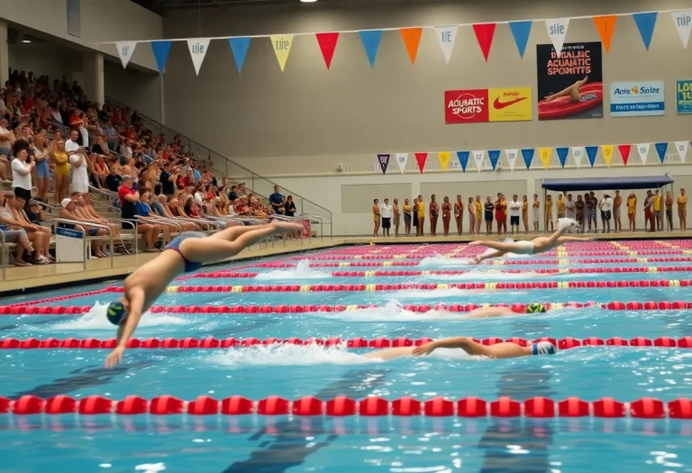 Swimmers diving into a pool during a high school swimming competition.