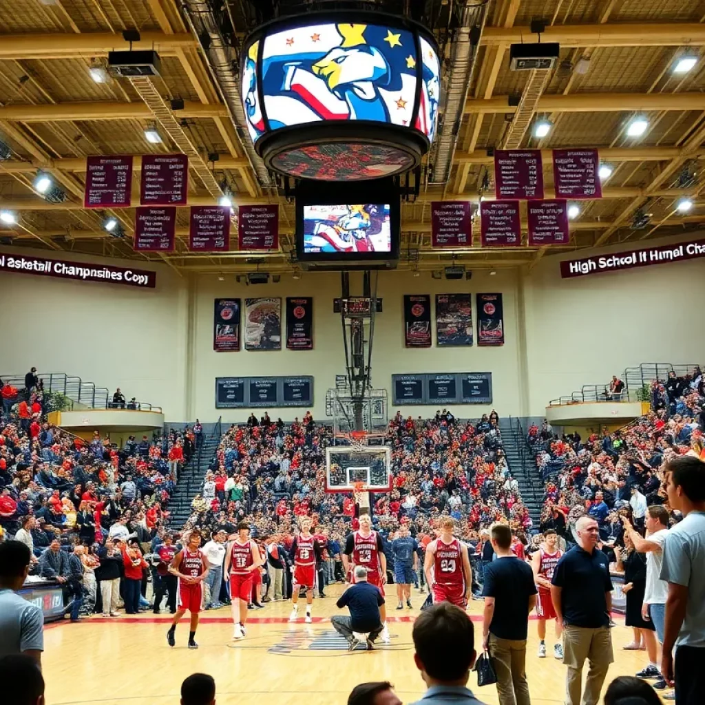Fans cheering in a basketball stadium during high school championships