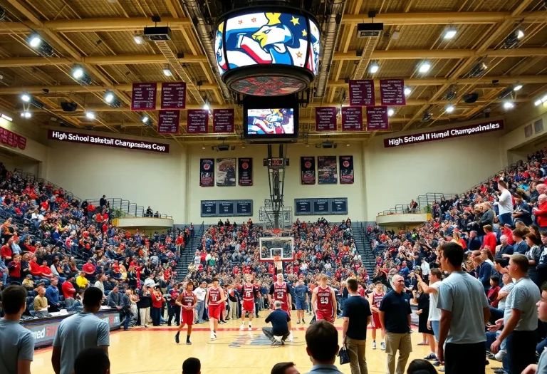 Fans cheering in a basketball stadium during high school championships
