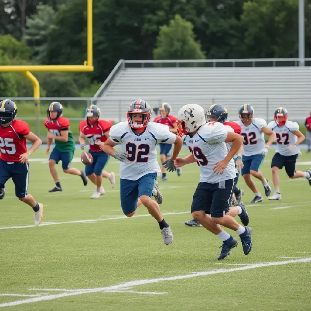 Young athletes practicing on a high school football field