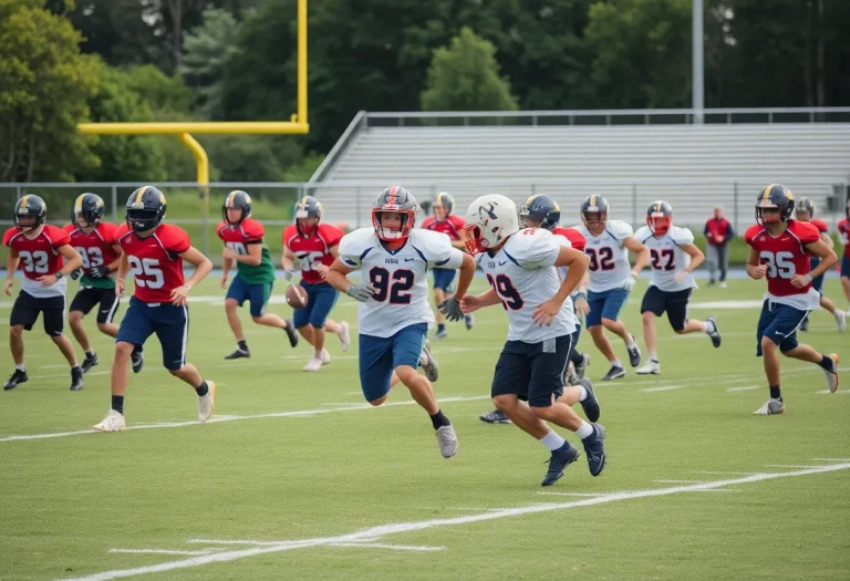 Young athletes practicing on a high school football field