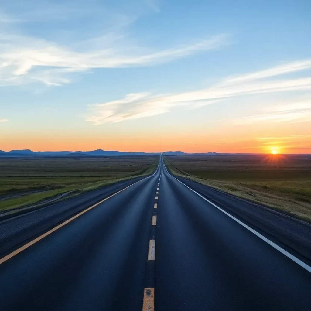 Long road through Oklahoma countryside at sunset