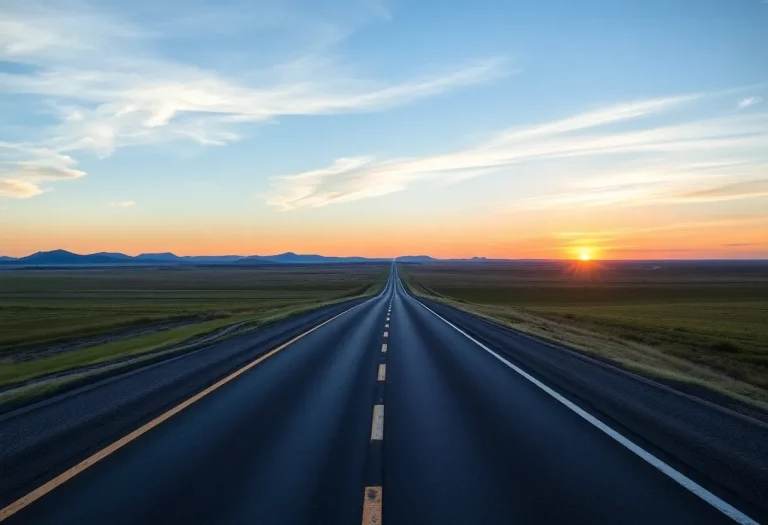 Long road through Oklahoma countryside at sunset