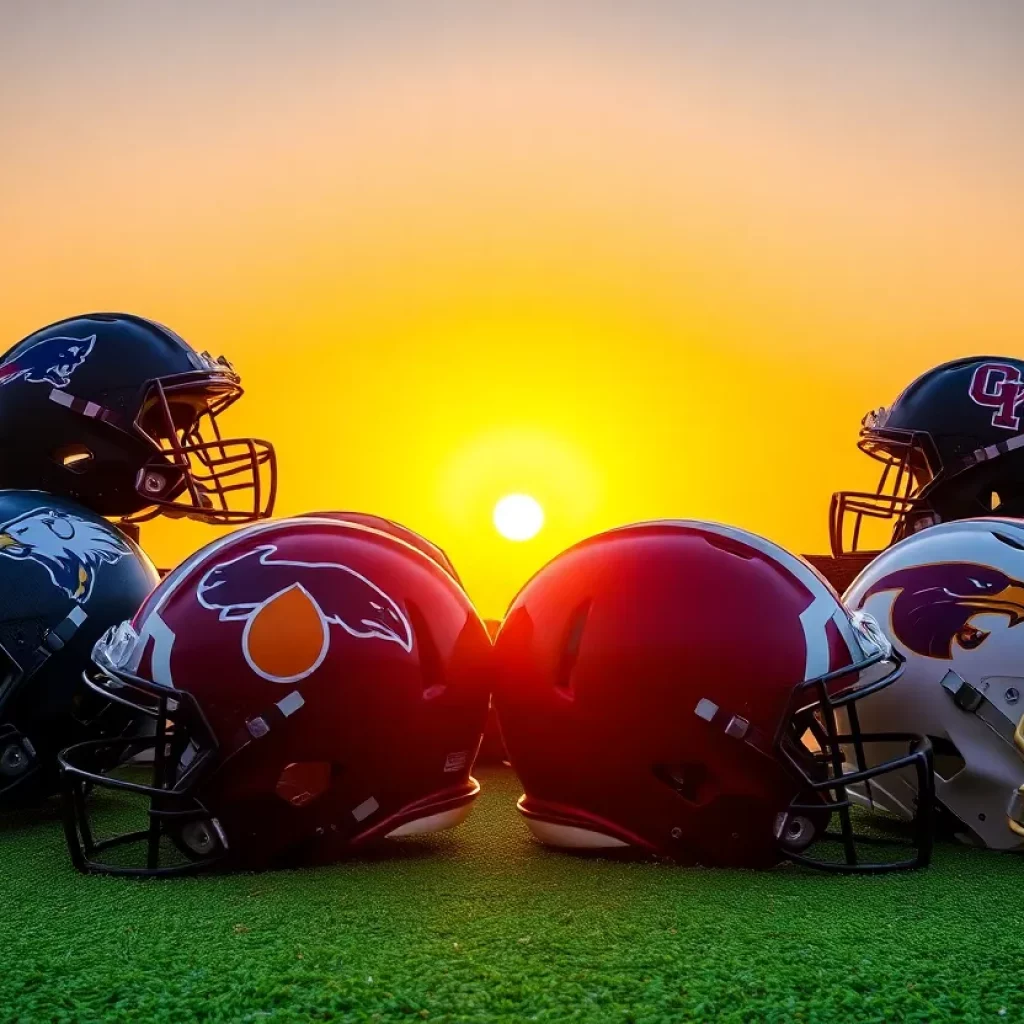 Colorful high school football helmets from Oklahoma teams