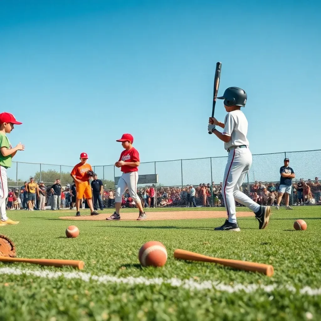 Young baseball players practicing on a field in Oklahoma