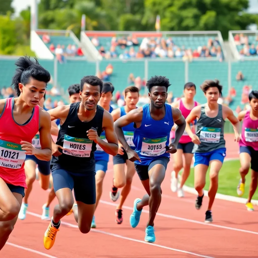 A diverse group of track athletes competing in a race