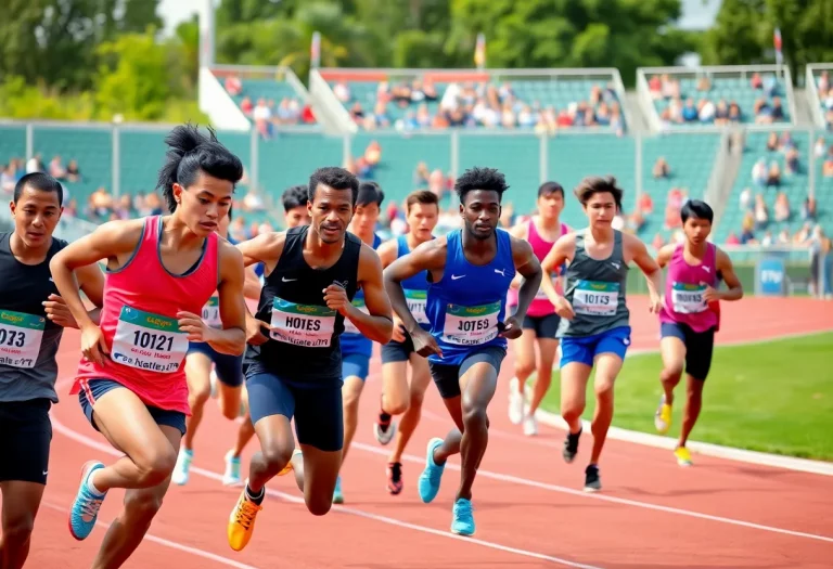A diverse group of track athletes competing in a race