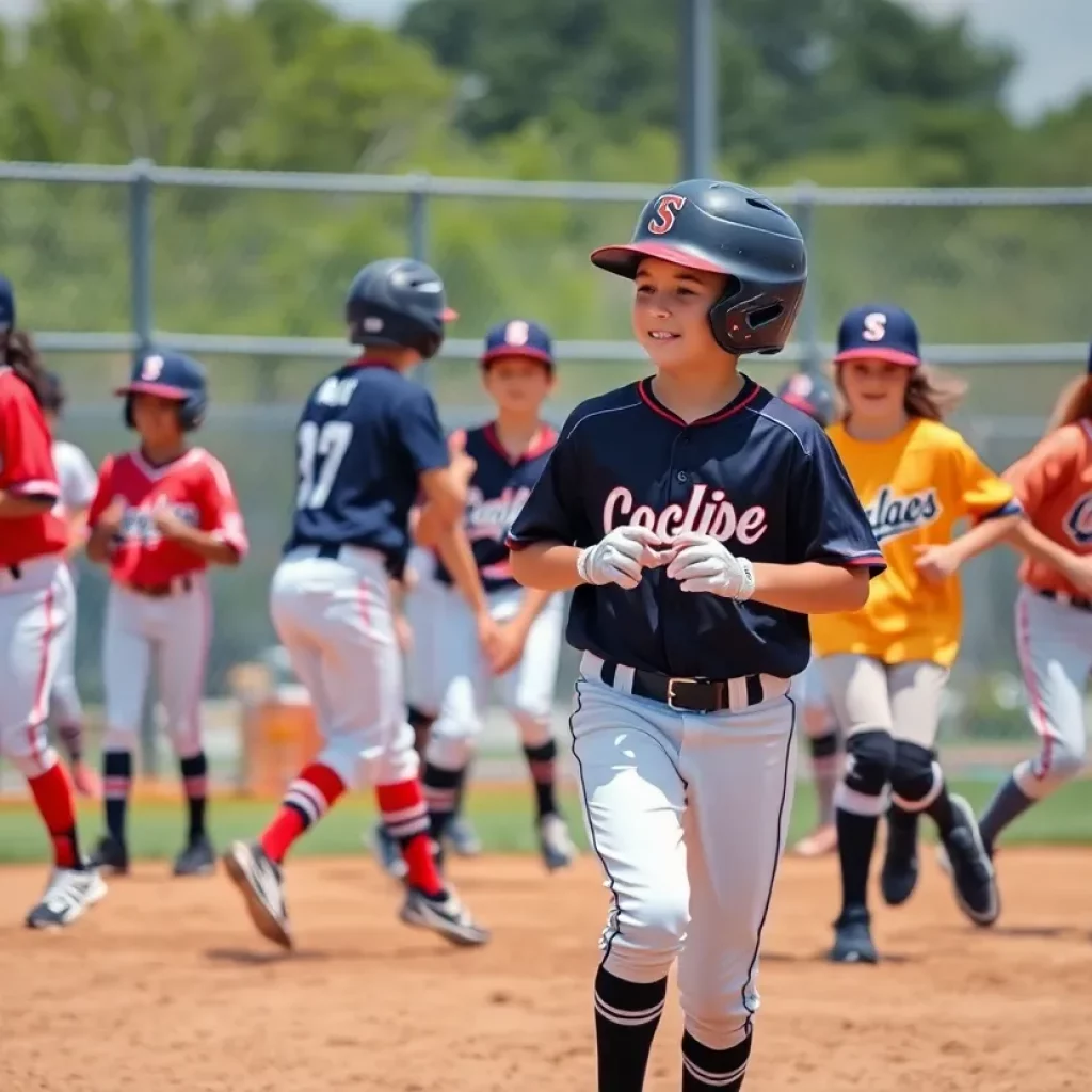 Young baseball players displaying teamwork on the field
