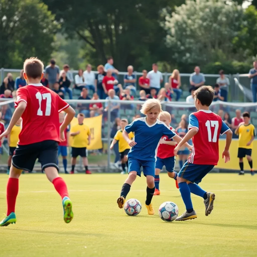 Youth soccer players in action on a field during a match.