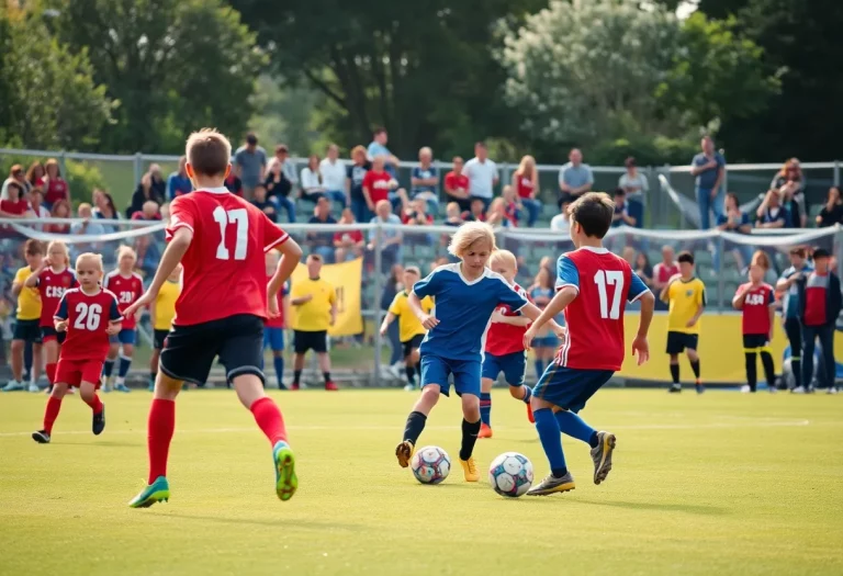 Youth soccer players in action on a field during a match.