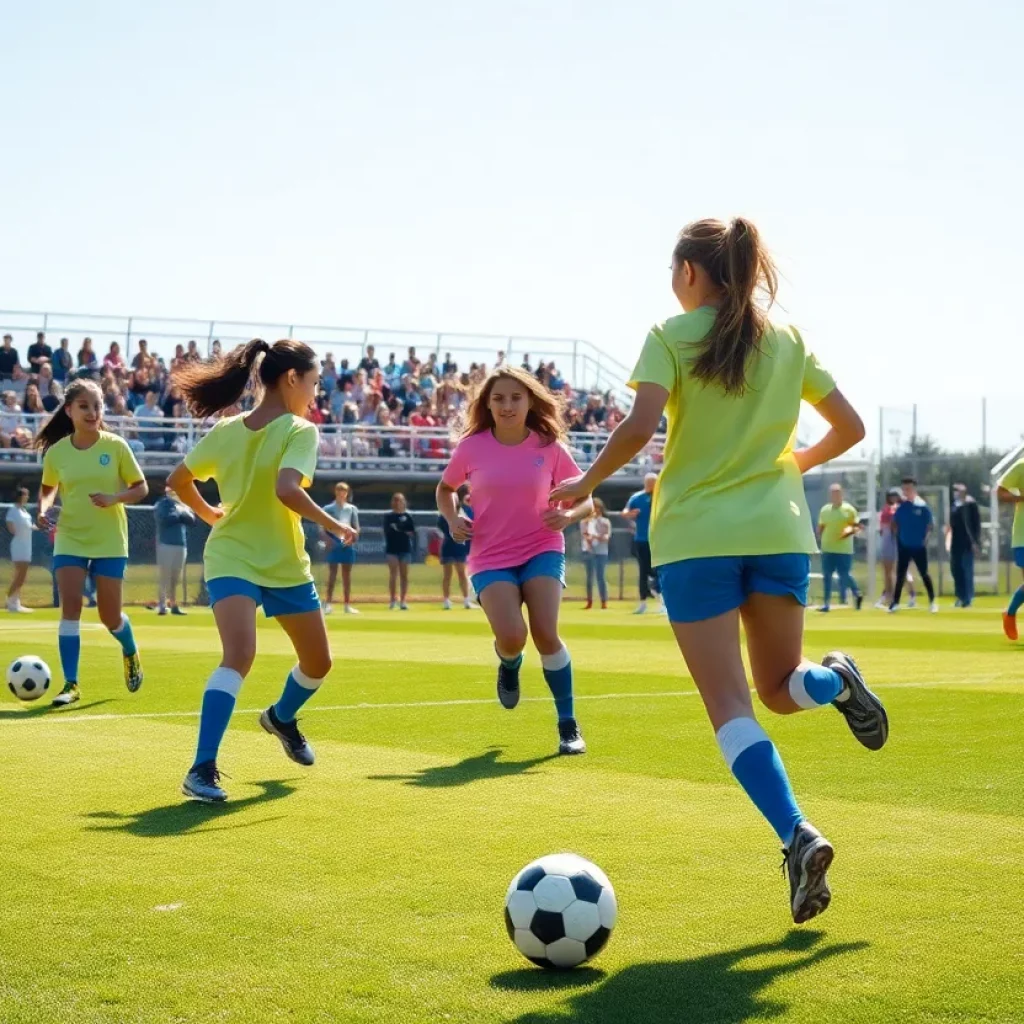 Girls soccer team practicing on the field