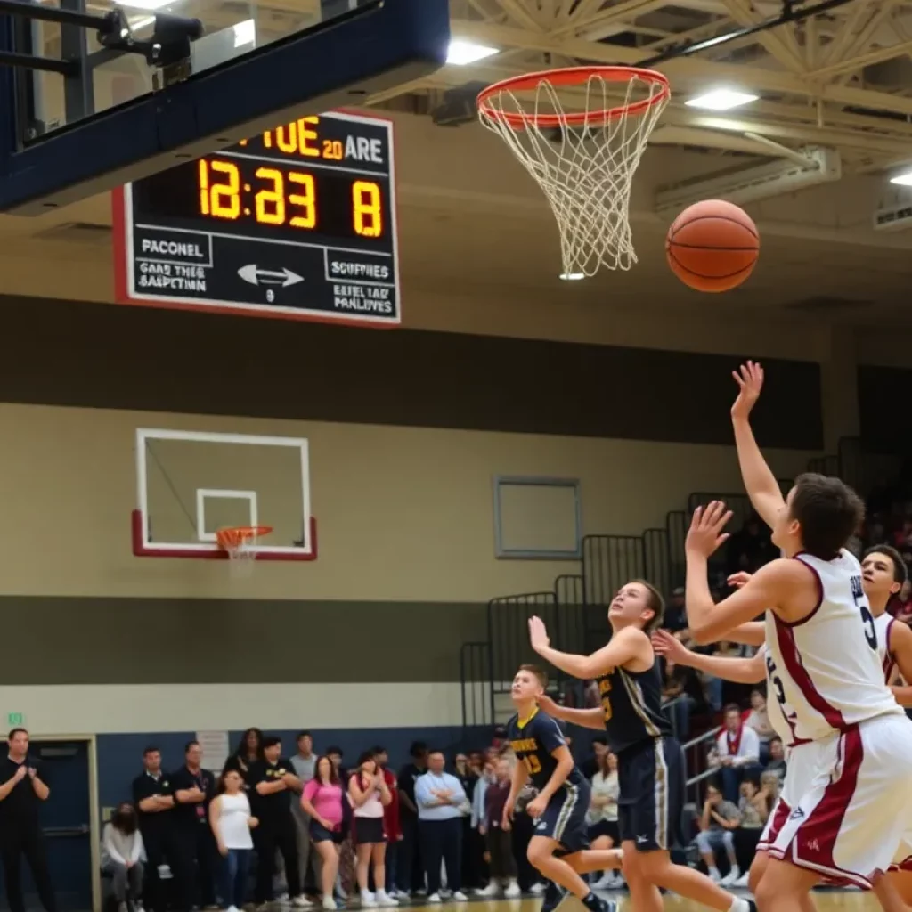 High school basketball players in action in Pennsylvania with a shot clock visible