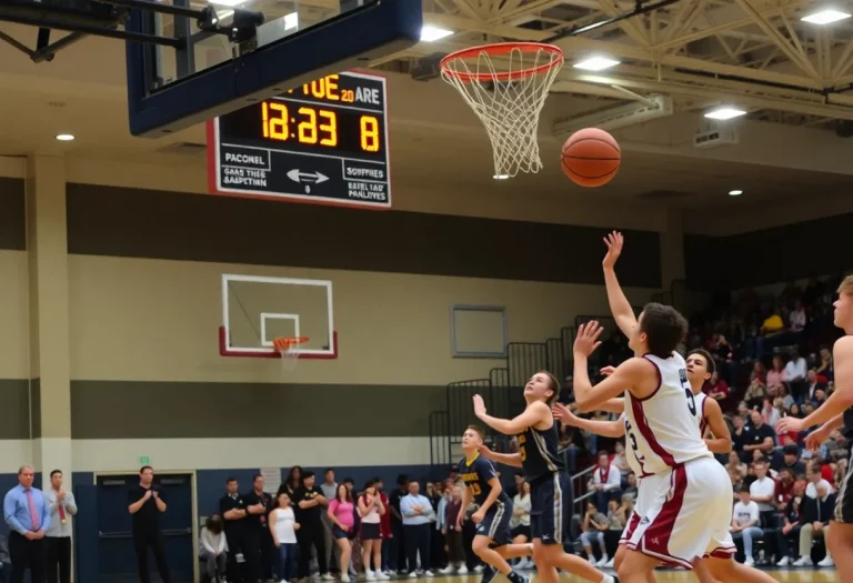 High school basketball players in action in Pennsylvania with a shot clock visible