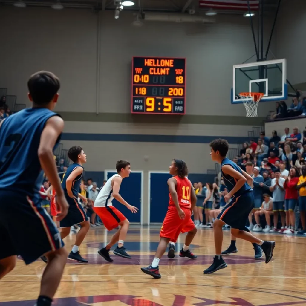 High school basketball players in action with a shot clock in the background