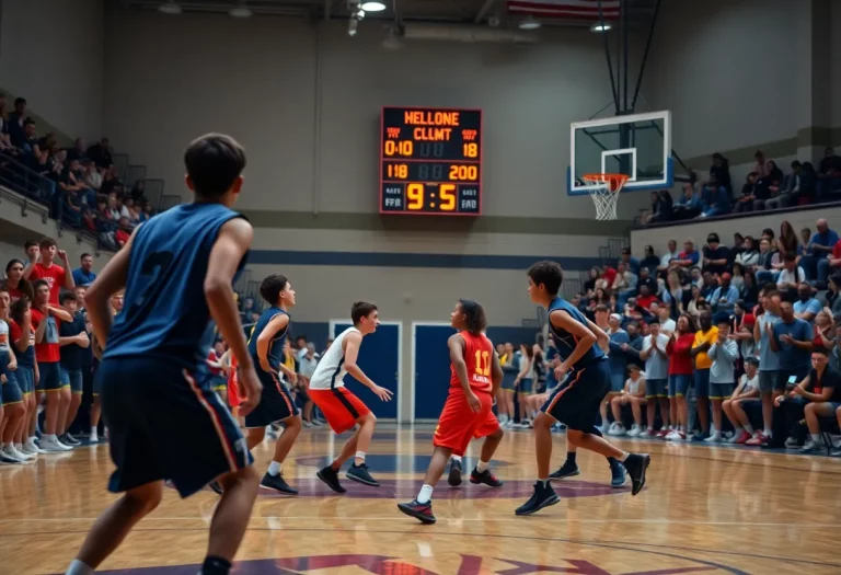 High school basketball players in action with a shot clock in the background