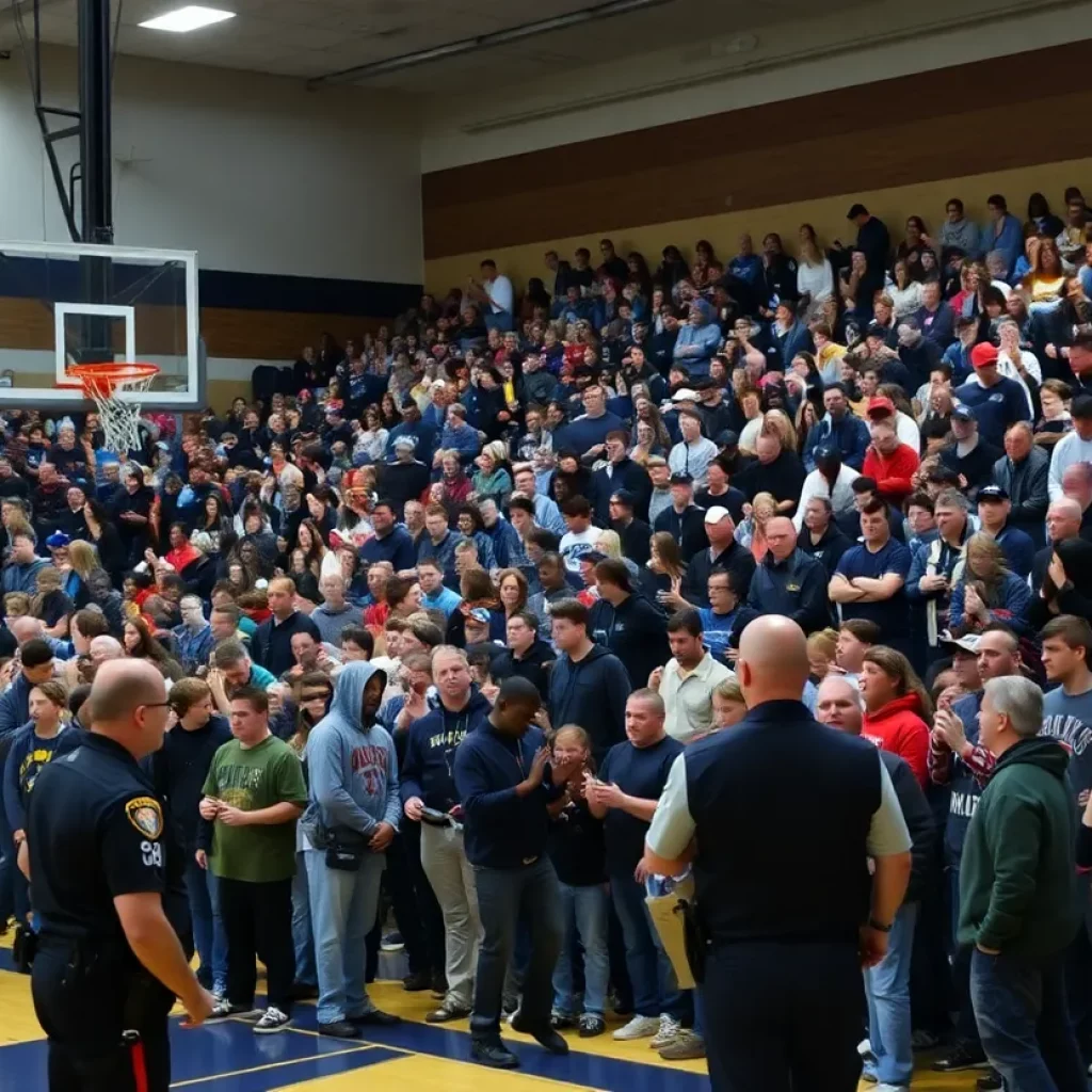 Crowd at Peoria High School basketball game with police presence outside