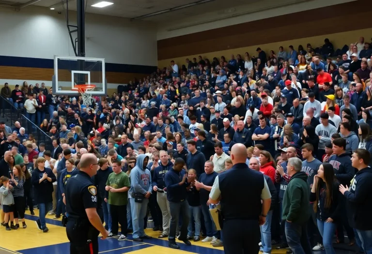 Crowd at Peoria High School basketball game with police presence outside