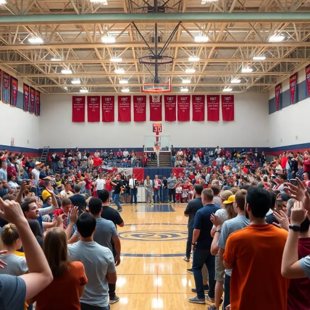 Fans cheering in a high school basketball gym during a retirement event