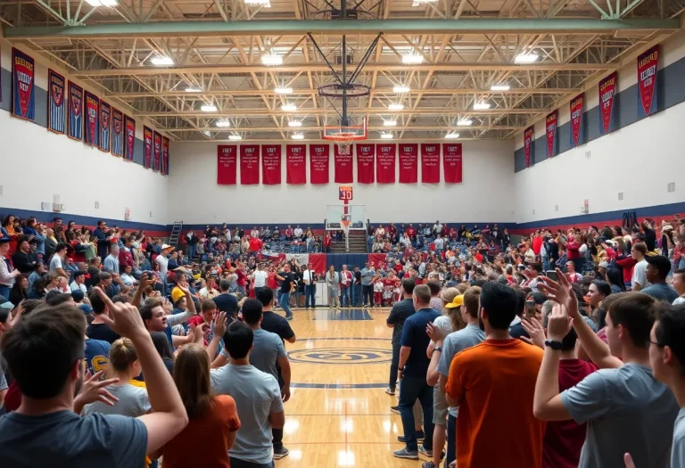 Fans cheering in a high school basketball gym during a retirement event