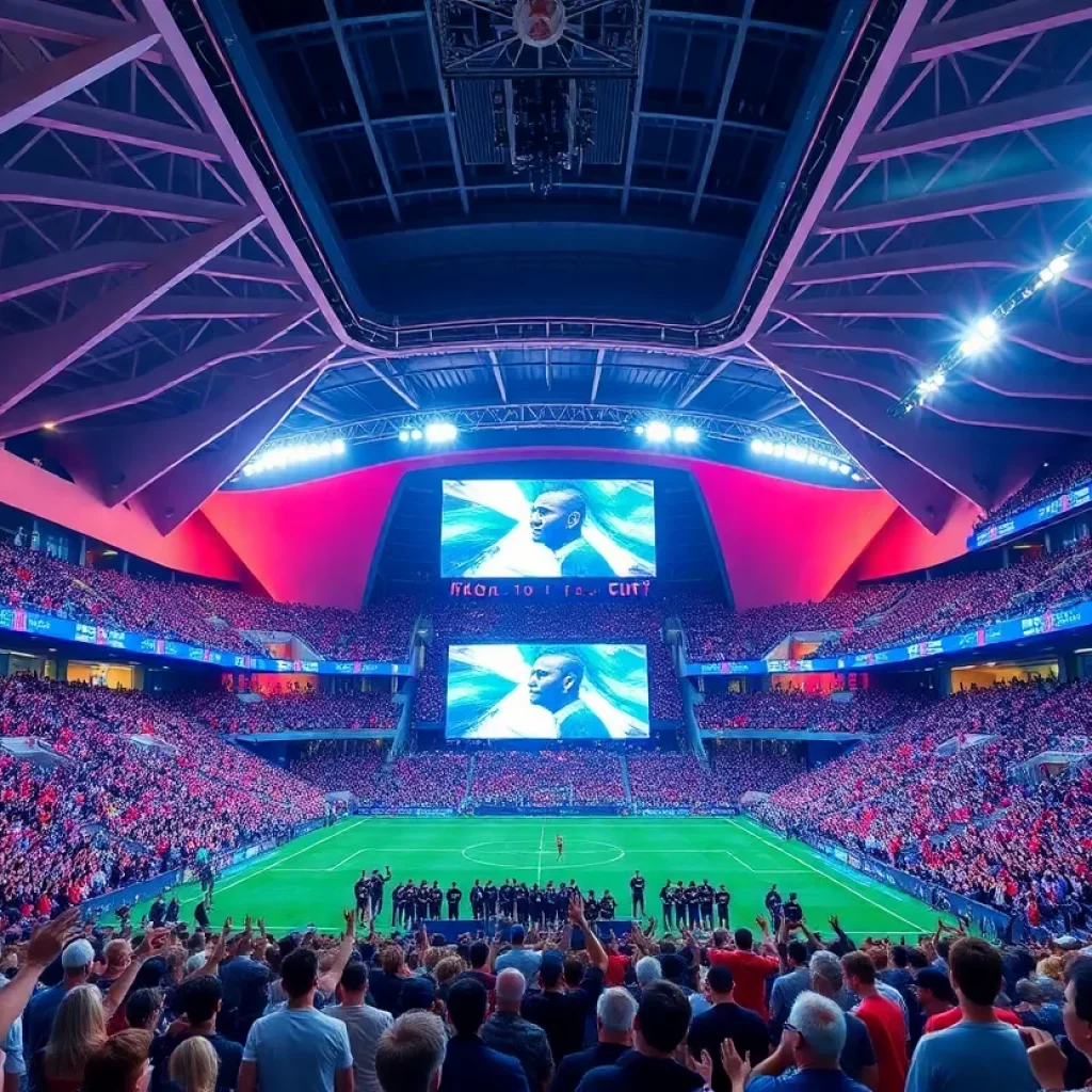 View of the new Phillip Beard Stadium during its grand opening with fans and decorations