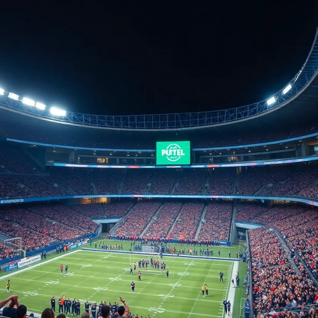 Night view of Phillip Beard Stadium at Buford High School with lights on and fans in the stands.
