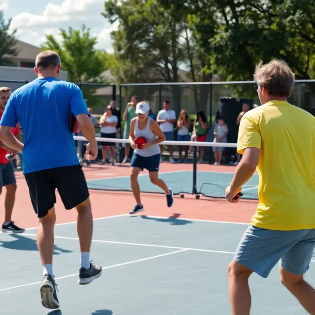 Dynamic action scene from a pickleball match with players and cheering fans.
