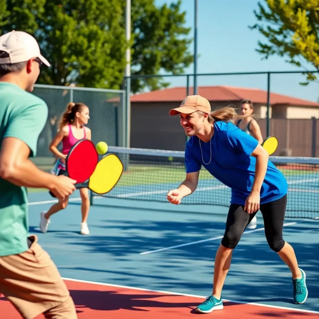 Athletes playing pickleball in an outdoor court setting