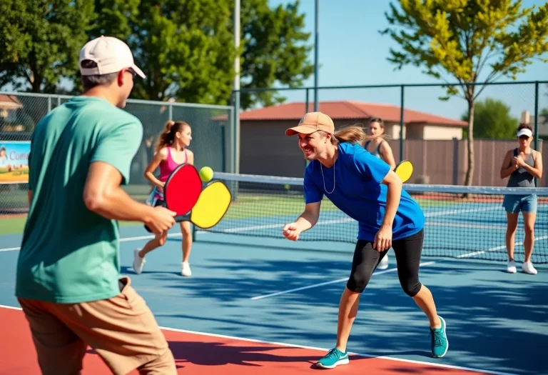 Athletes playing pickleball in an outdoor court setting