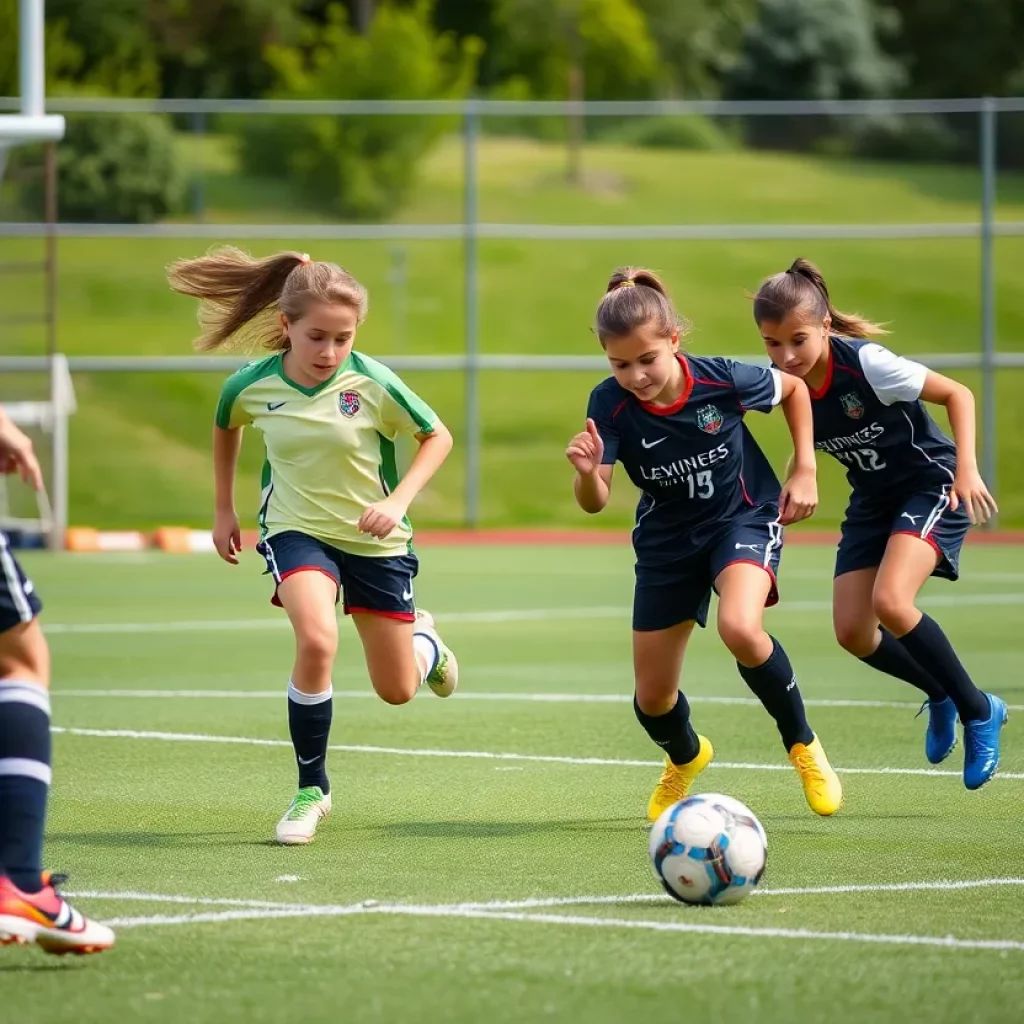 Youth soccer players showing teamwork and determination