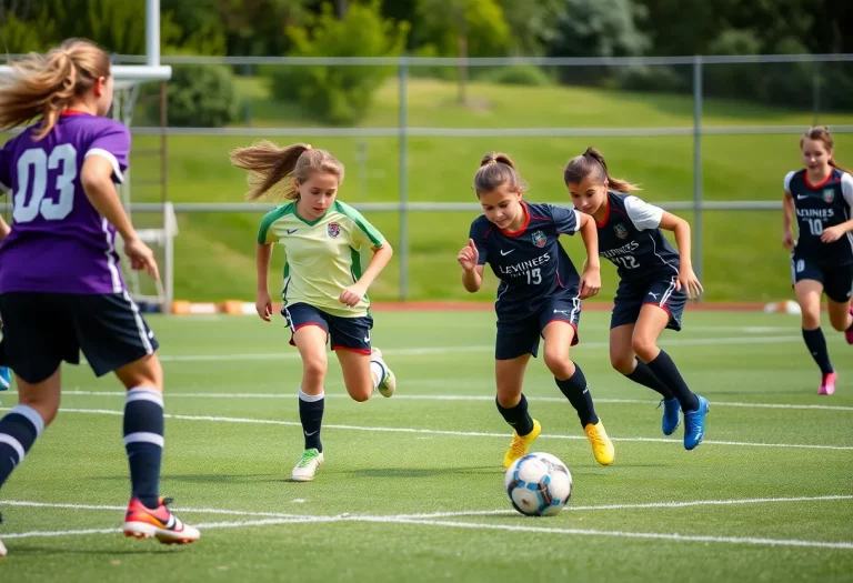Youth soccer players showing teamwork and determination