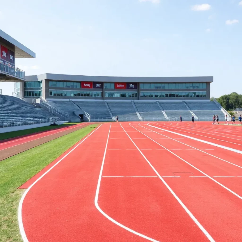 Newly built track and field facility in Pittsfield with athletes training.