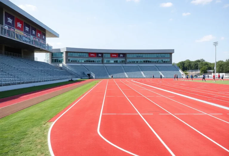 Newly built track and field facility in Pittsfield with athletes training.
