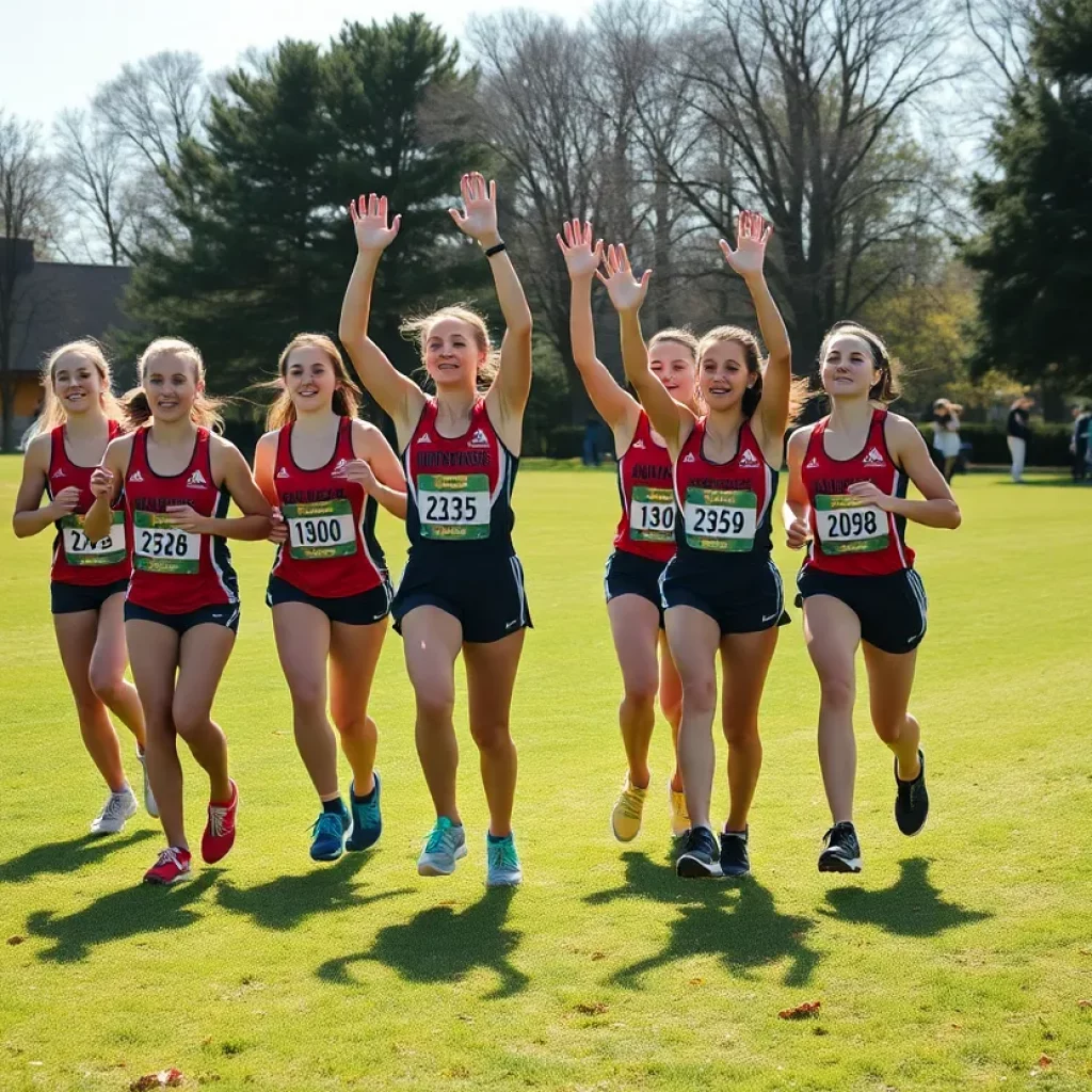 Princeton High School girls cross country team celebrating their state championship victory
