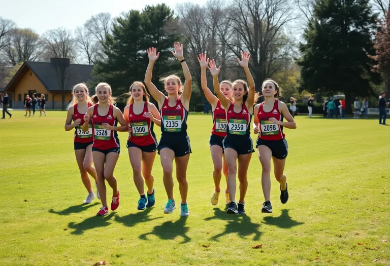 Princeton High School girls cross country team celebrating their state championship victory