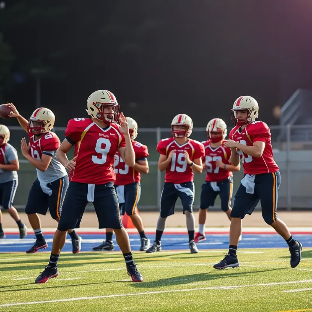 Young high school quarterbacks practicing on a football field