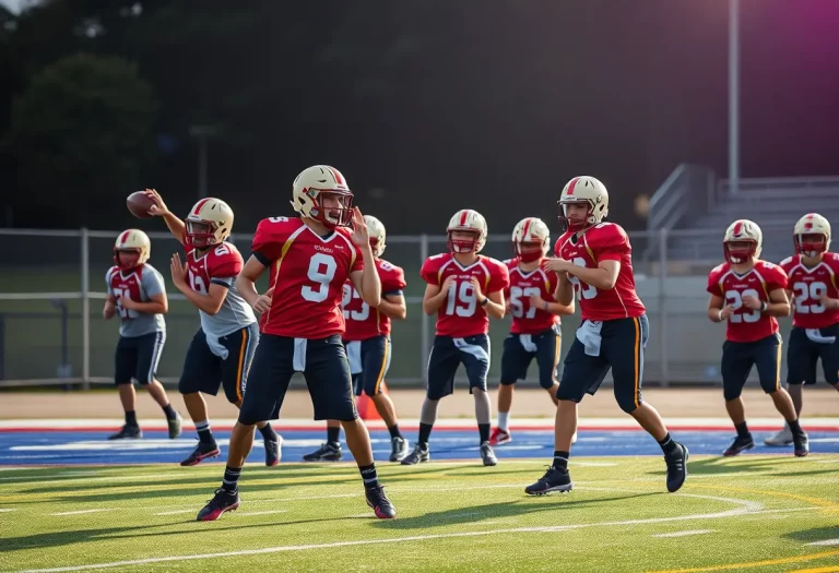 Young high school quarterbacks practicing on a football field