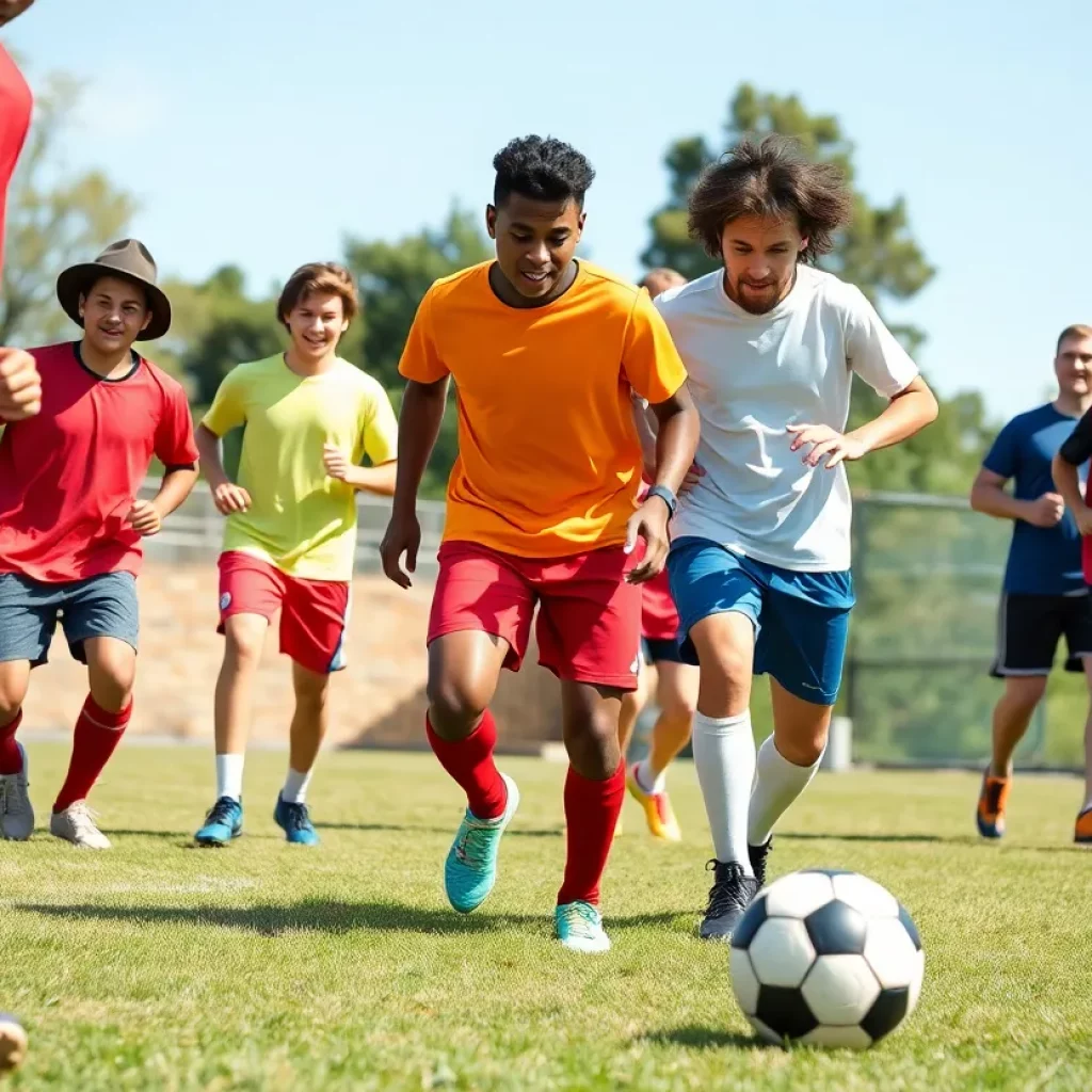 Young male athletes practicing soccer during tryouts