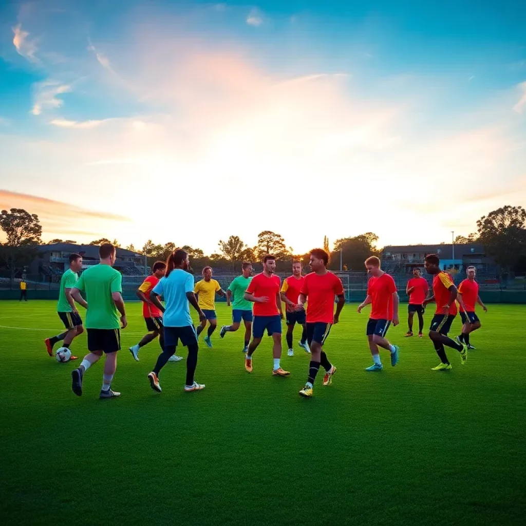Soccer players training on a field in Australia